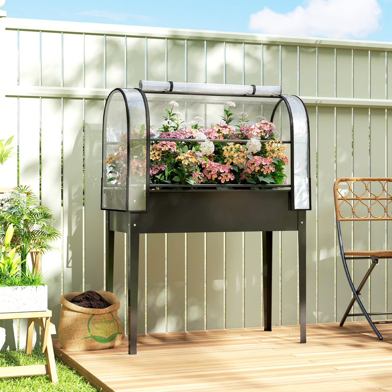 Raised Garden Bed with Clear Greenhouse Cover for Easy Gardening and Plant Protection Black Outsunny