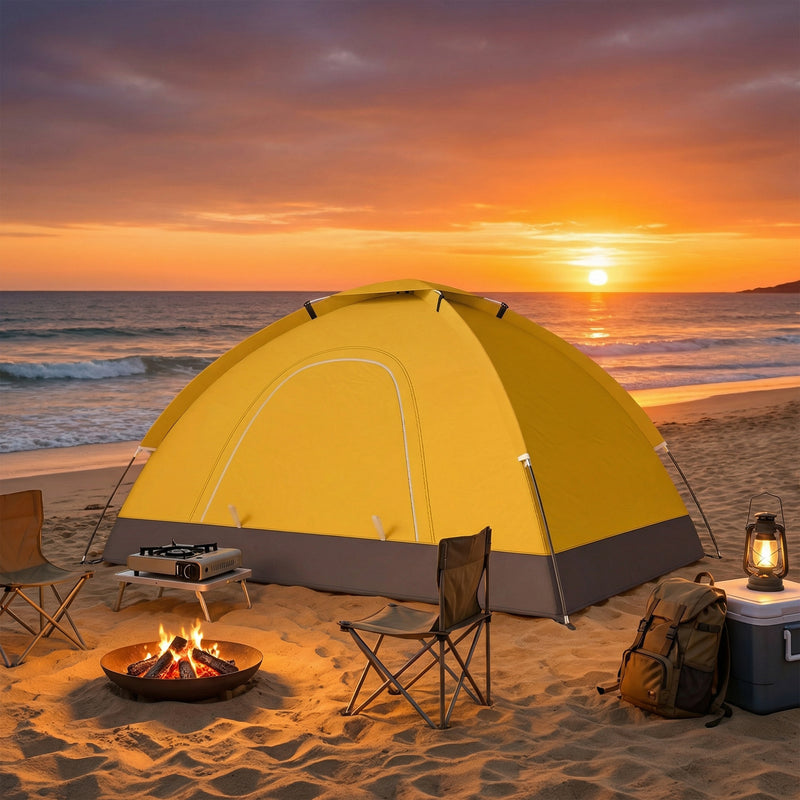2 Person Camping Tent with Mesh Windows for Easy Setup and Extra Space Yellow