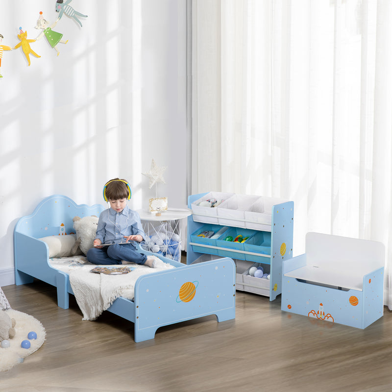 3 Piece Kids Bedroom Furniture Set With Bed Toy Box And Storage Baskets Blue AOSOM