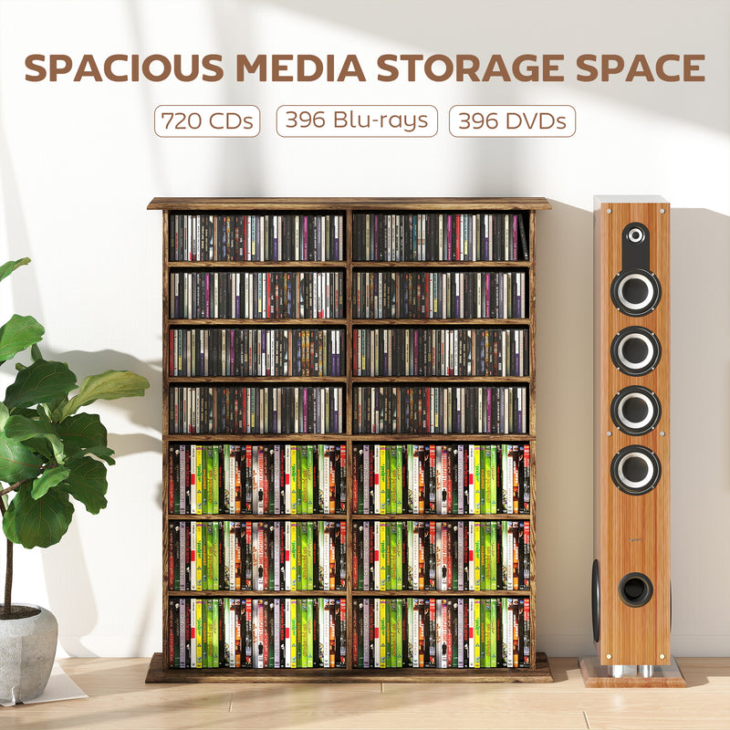16 Compartment Wooden Media Storage Shelf For CDs, DVDs, And Books, Rustic Brown