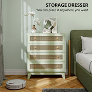 Light Green 4 Drawer Chest of Drawers with Rattan Front for Bedroom and Living Room Storage