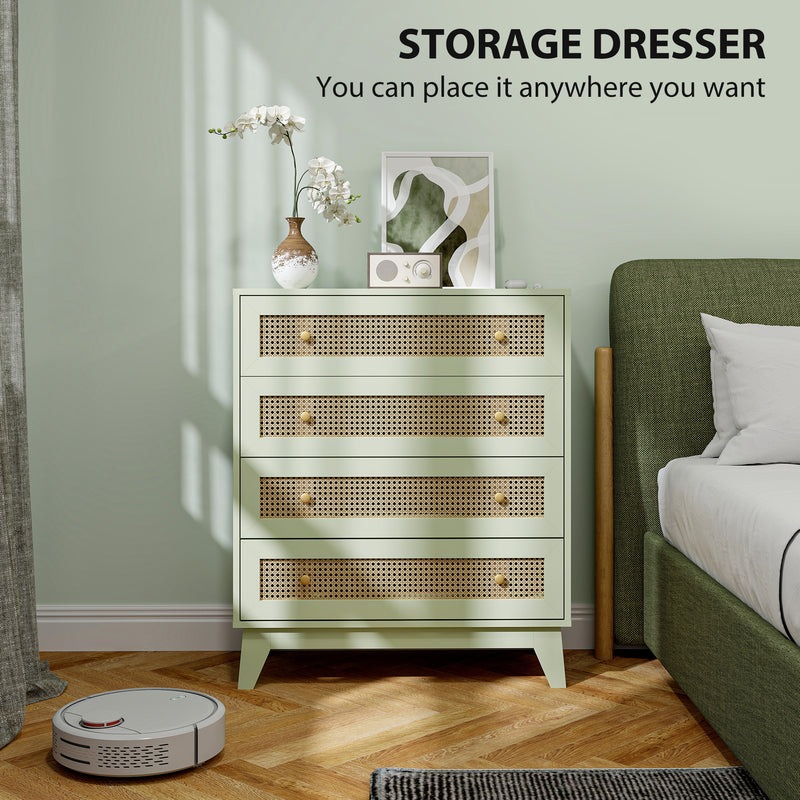 Light Green 4 Drawer Chest of Drawers with Rattan Front for Bedroom and Living Room Storage