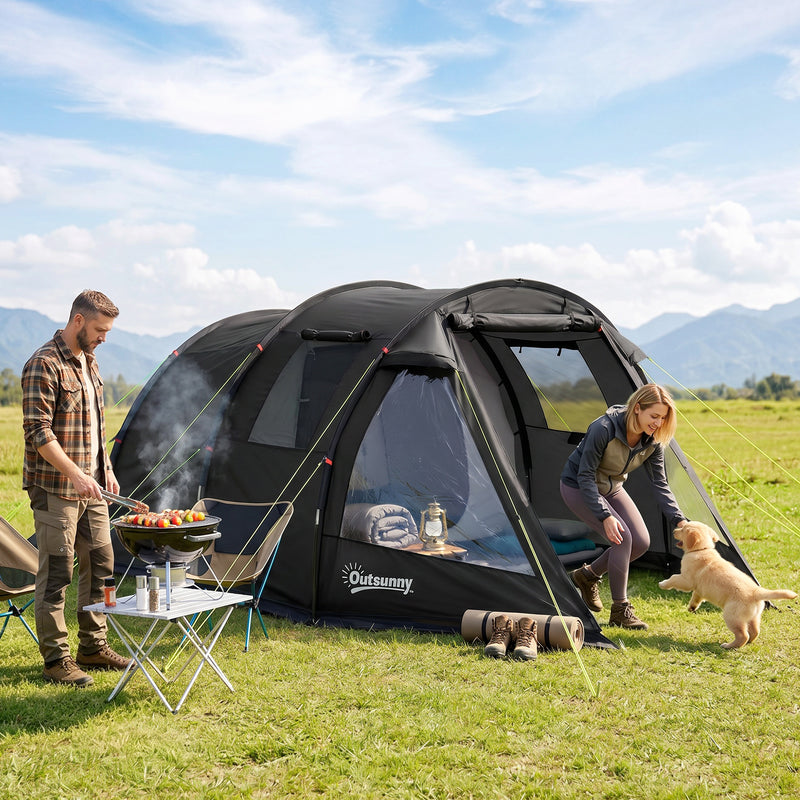 Outsunny 3-4 Man Tunnel Tent, Two Room Camping Tent with Windows, Portable Carry Bag, for Fishing, Hiking, Sports, Festival - Black