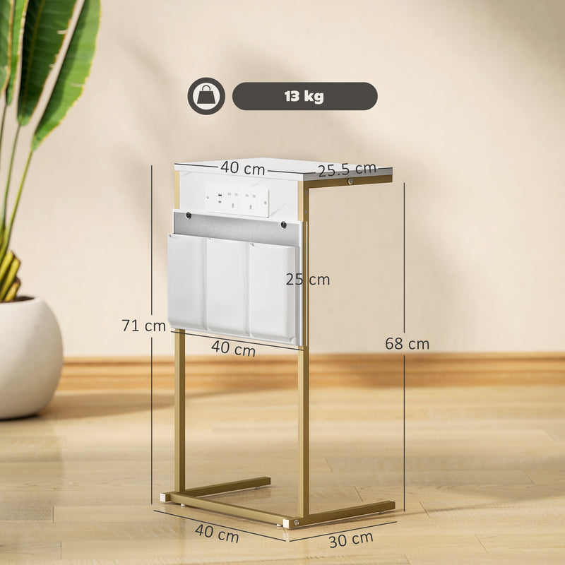 White C Shaped Bedside Table With Charging Station USB Ports and Storage for Bedroom or Lounge