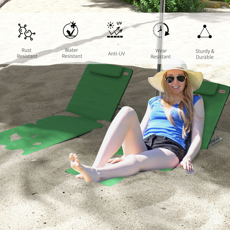Set of 2 Green Reclining Beach Chairs with Metal Frames for Garden or Camping Use