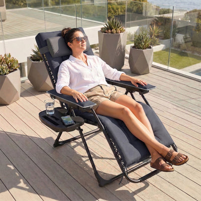 Zero Gravity Reclining Sun Lounger with Cushion and Side Tray for Garden Relaxation Dark Grey AOSOM