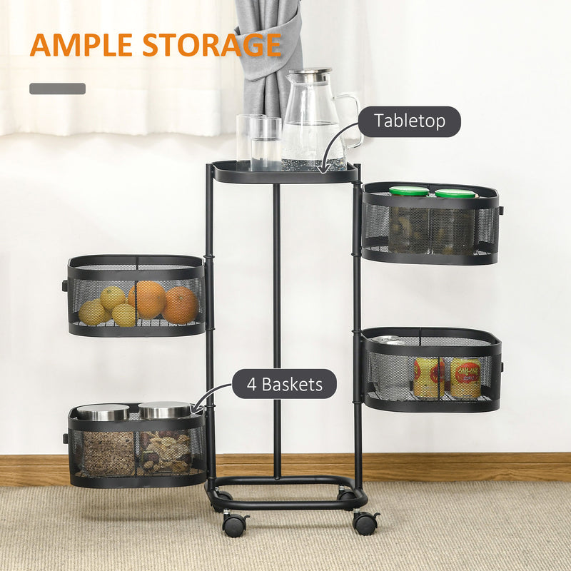 Kitchen Storage Trolley with Rotating Baskets for Small Spaces Black