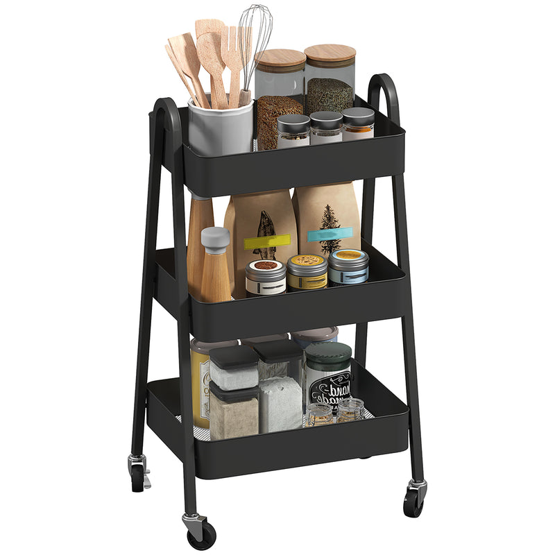 Black 3 Tier Storage Trolley with Wheels for Home and Office by HOMCOM