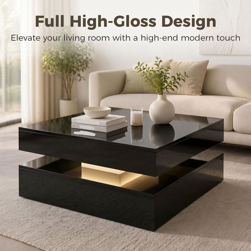 Coffee Table with LED Lighting and Open Storage Shelf for Tidy Living Room High Gloss Black