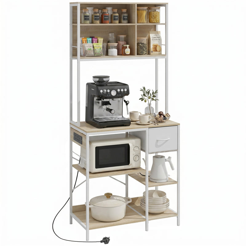 Kitchen Baker’s Rack with Shelves and Power Station for Organised Worktops Oak White