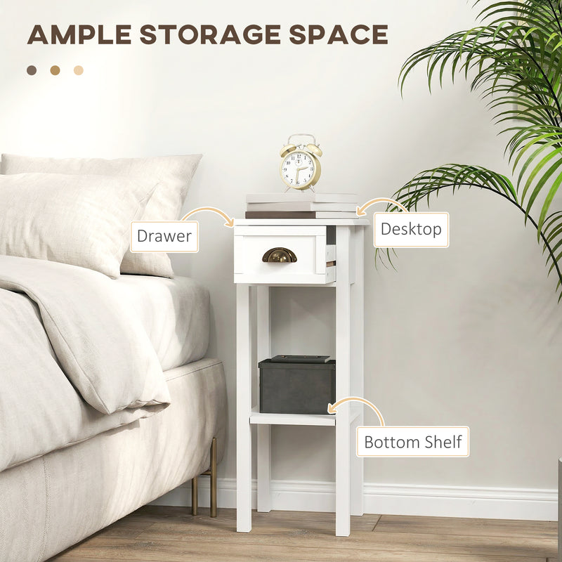 Slim Bedside Table Set with Drawer and Shelf for Small Spaces White Homcom