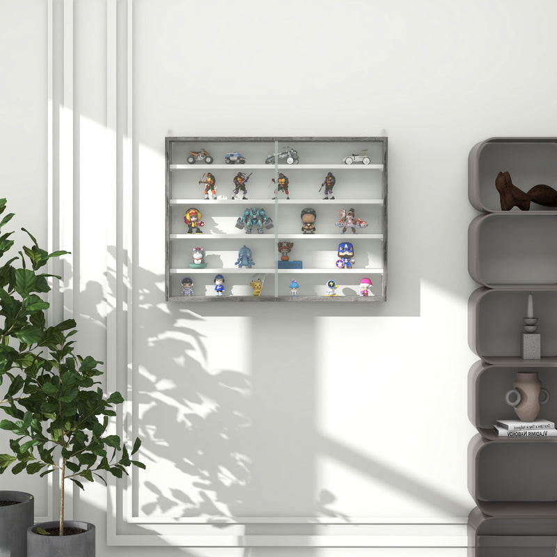 5 Tier Wall Display Shelf Unit With Glass Doors And Adjustable Shelves Grey Wood Grain