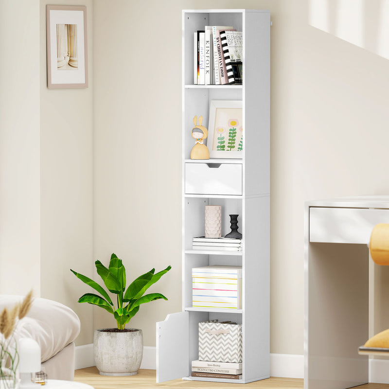 Tall 6 Tier Narrow Bookcase With Drawer and Storage Cabinet for Home Office White AOSOM