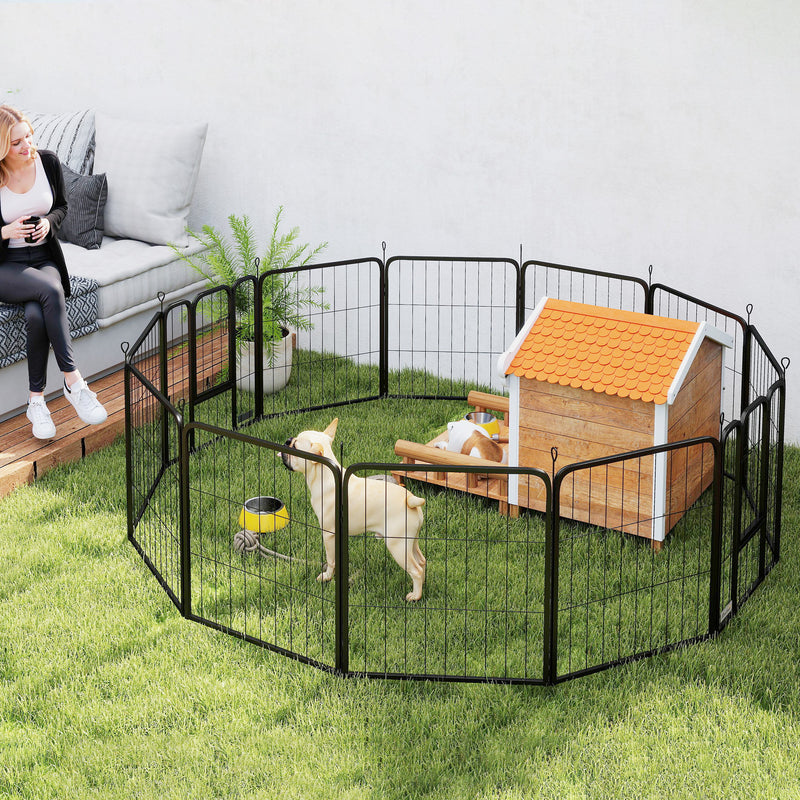 12 Panel Heavy Duty Dog Playpen with Doors for Medium Dogs 80 cm High Black by PawHut