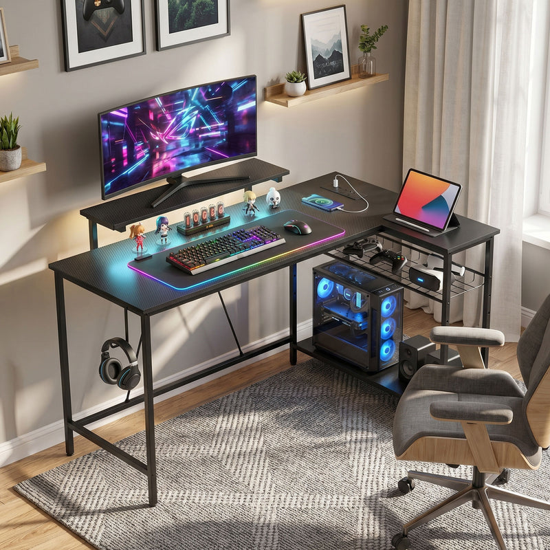L Shaped Desk with Shelves and LED Lighting for Organised Home Office Black