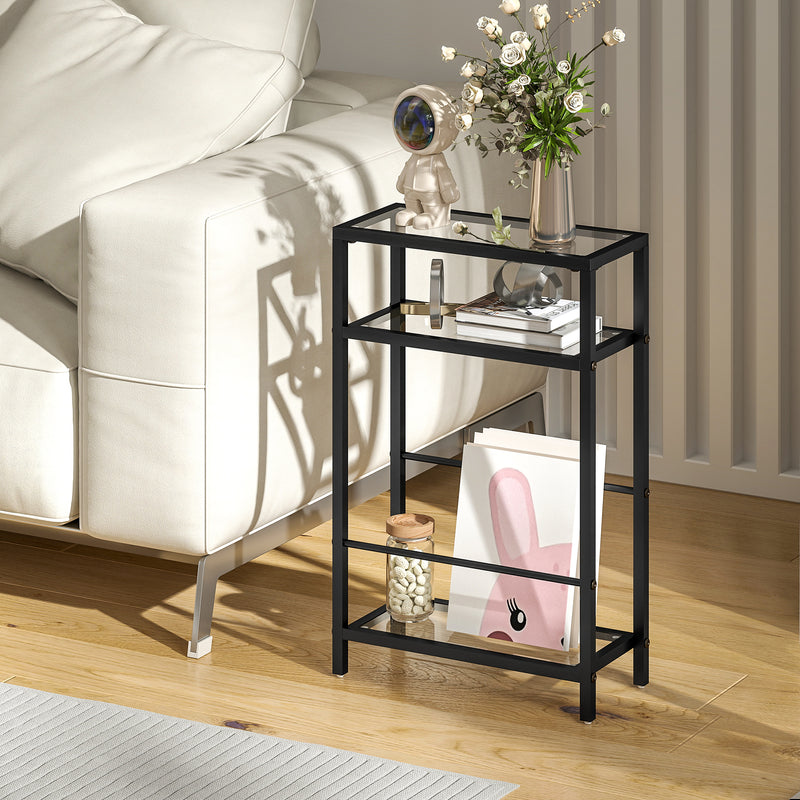 Slim Glass Side Table with Three Shelves for Small Spaces and Extra Storage Black