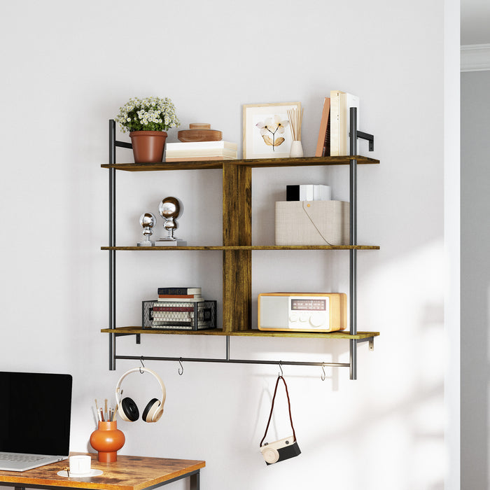 Three Tier Floating Wall Shelf Brown and Black Wood Finish by HOMCOM