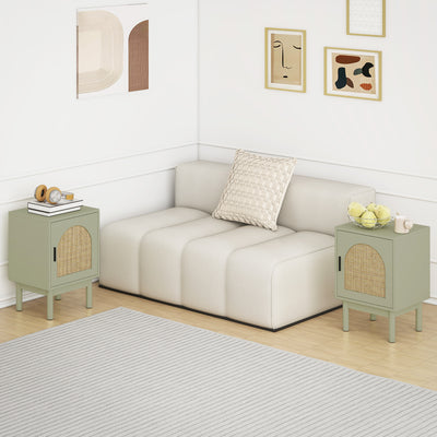 HOMCOM Set of 2 Rattan Bedside Tables, Boho Nightstands with Solid Wood Legs and Storage Cabinet for Living Room, Bedroom, Accent End Side Table, Light Green AOSOM