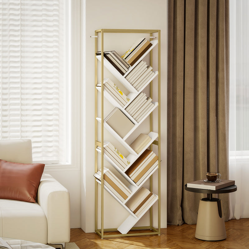 Modern Bookcase For Living Room Organisation - 10 Tiers - Gold Metal Frame With Angled White Shelves Homcom