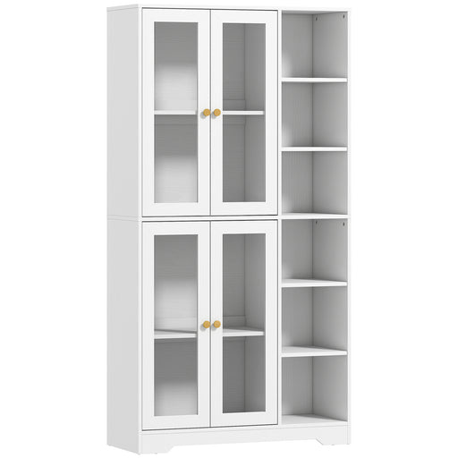Multi Storage Kitchen Cabinet with Glass Doors and Shelves for Organised Cooking Space White