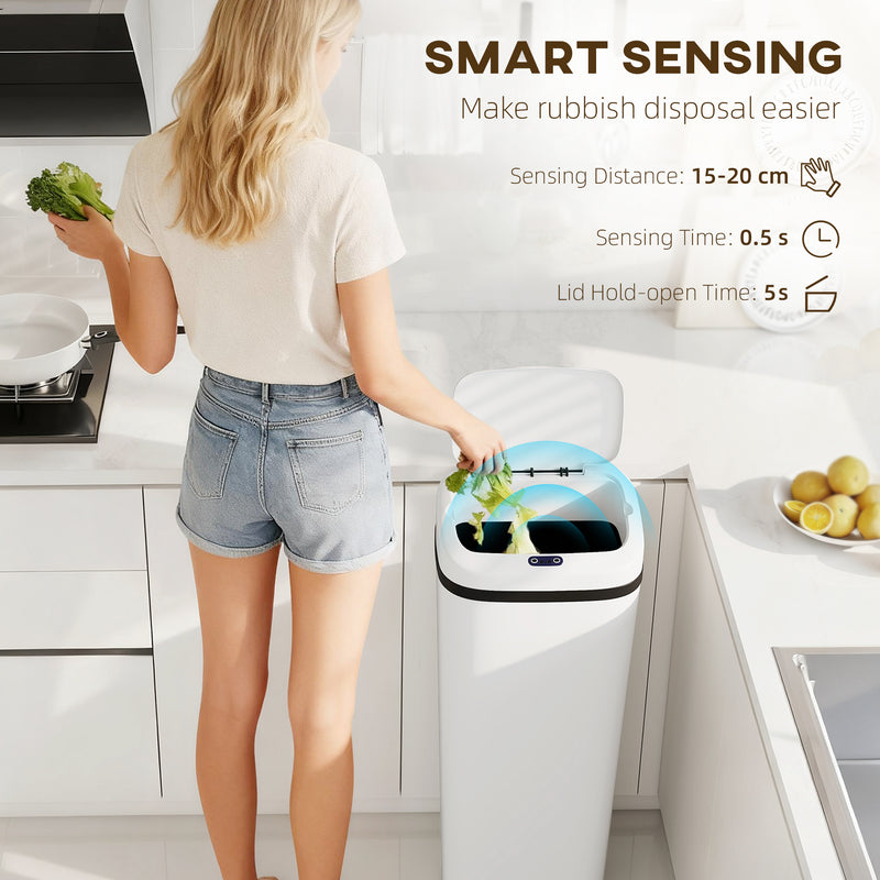 50L Touchless Kitchen Bin with Motion Sensor for Hygienic Waste Disposal White AOSOM