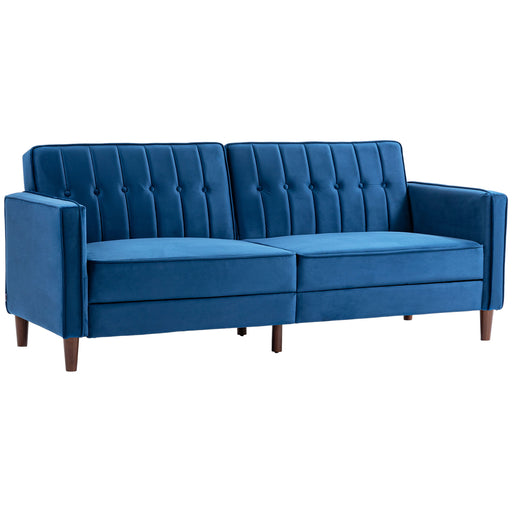 Velvet Feel Three Seater Sofa Bed with Pull Out Design for Guest Room Blue