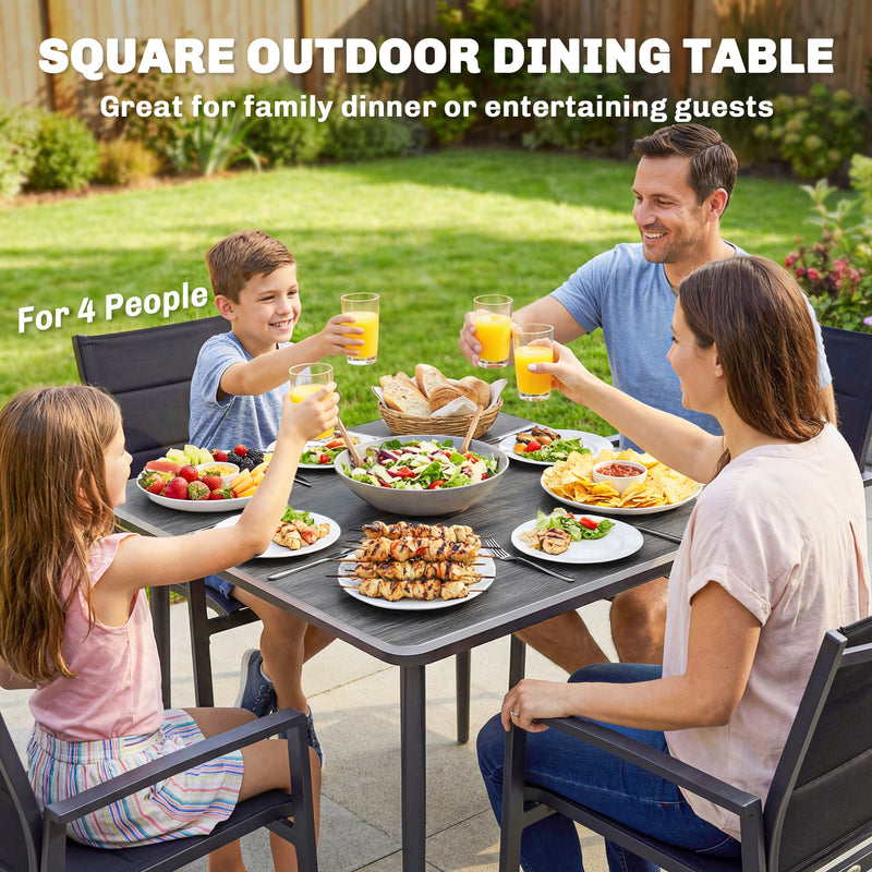 Garden Dining Table for 4 with Parasol Hole and Easy Care Faux Wood Top Dark Grey Outsunny