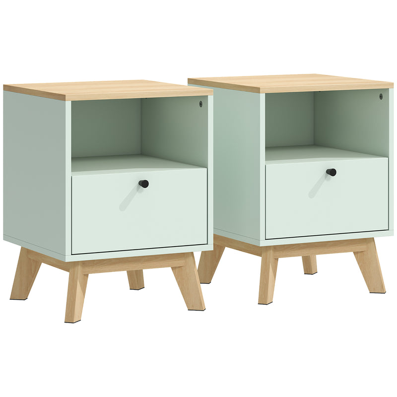 Set of 2 Bedside Tables with Drawer and Shelf for Organised Bedroom Storage Light Green Oak AOSOM