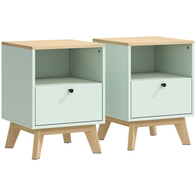 Set of 2 Bedside Tables with Drawer and Shelf for Organised Bedroom Storage Light Green Oak AOSOM