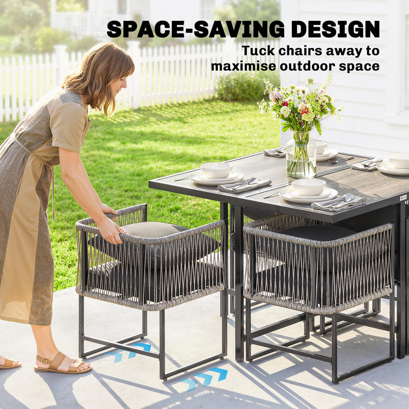 Cube Patio Dining Set for Small Patios with Space Saving Chairs and Cushions, Black Grey