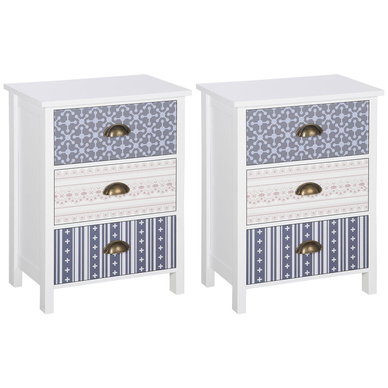 Set of 2 Three Drawer Bedside Tables with Metal Handles for Bedroom or Lounge Purple AOSOM