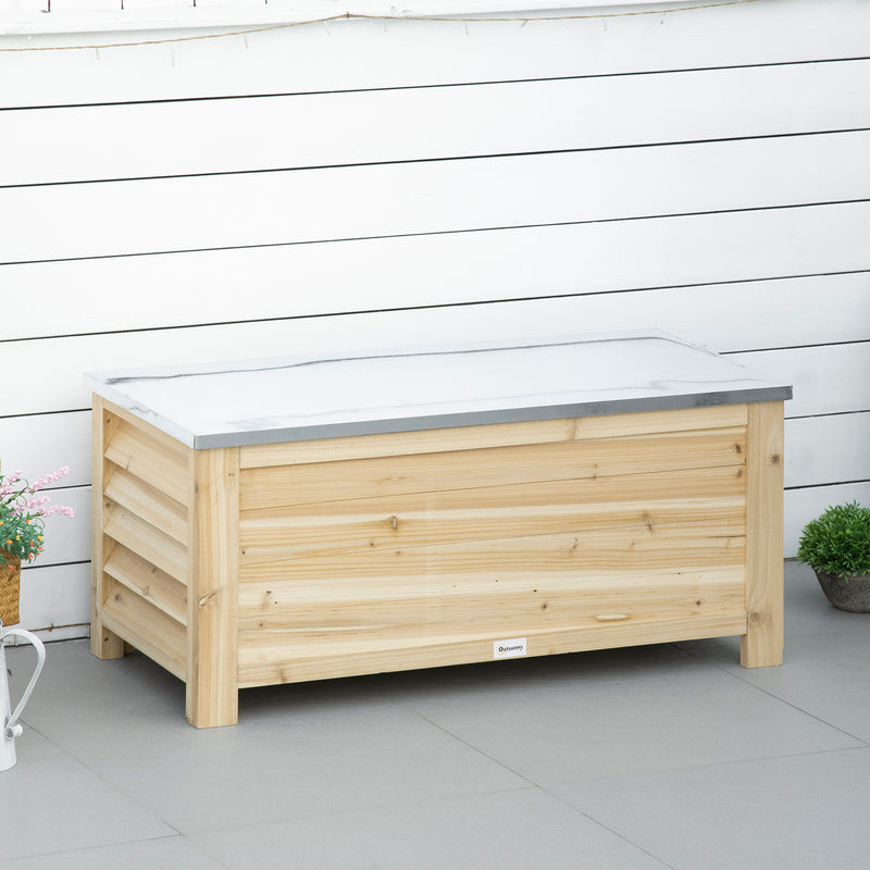155L Outdoor Garden Storage Box With Metal Top Ideal For Tools And Equipment Natural Wood