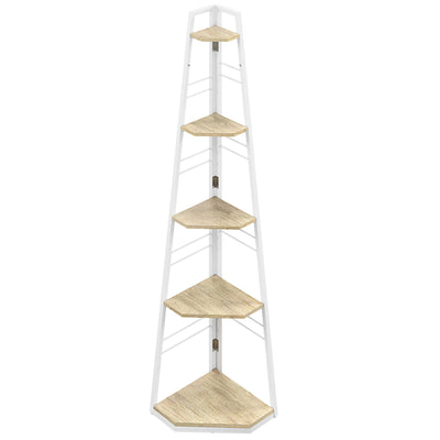 White Wood Effect Five Tier Corner Shelf for Home or Office Storage