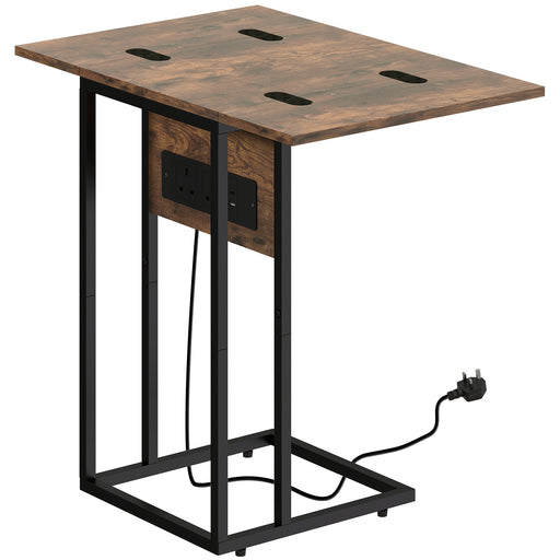 C Shaped Side Table with Foldable Top and USB Charging Station Ideal for Small Spaces Rustic Brown