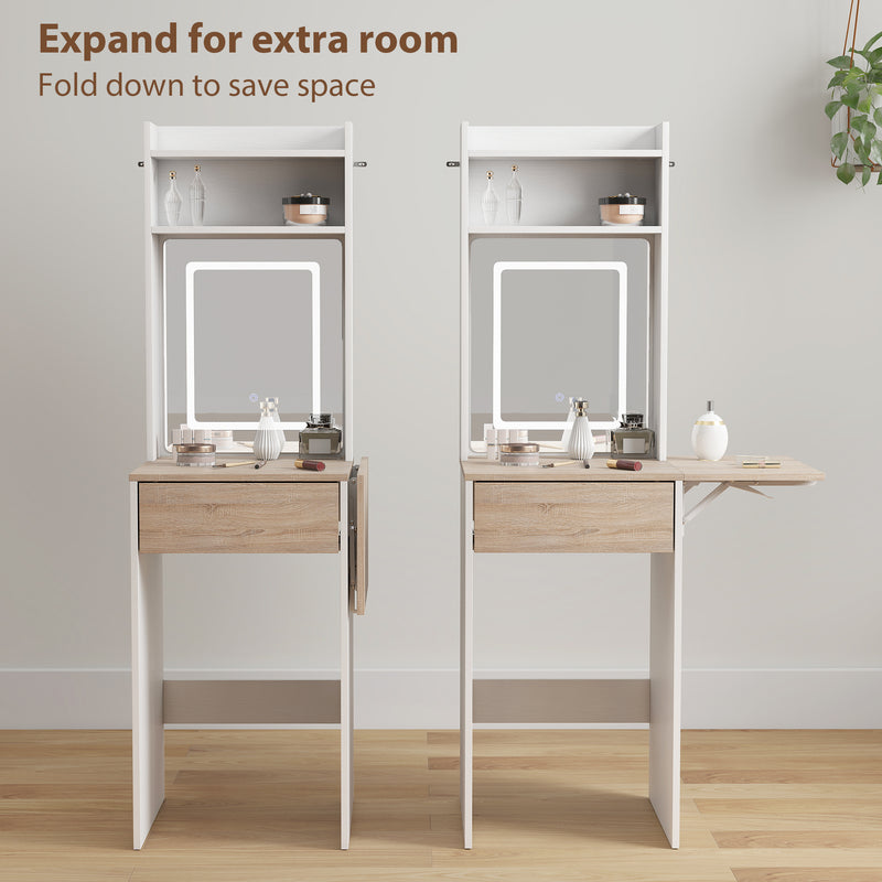 Dressing Table with Adjustable LED Mirror and Storage for Small Bedrooms White Wood Effect AOSOM