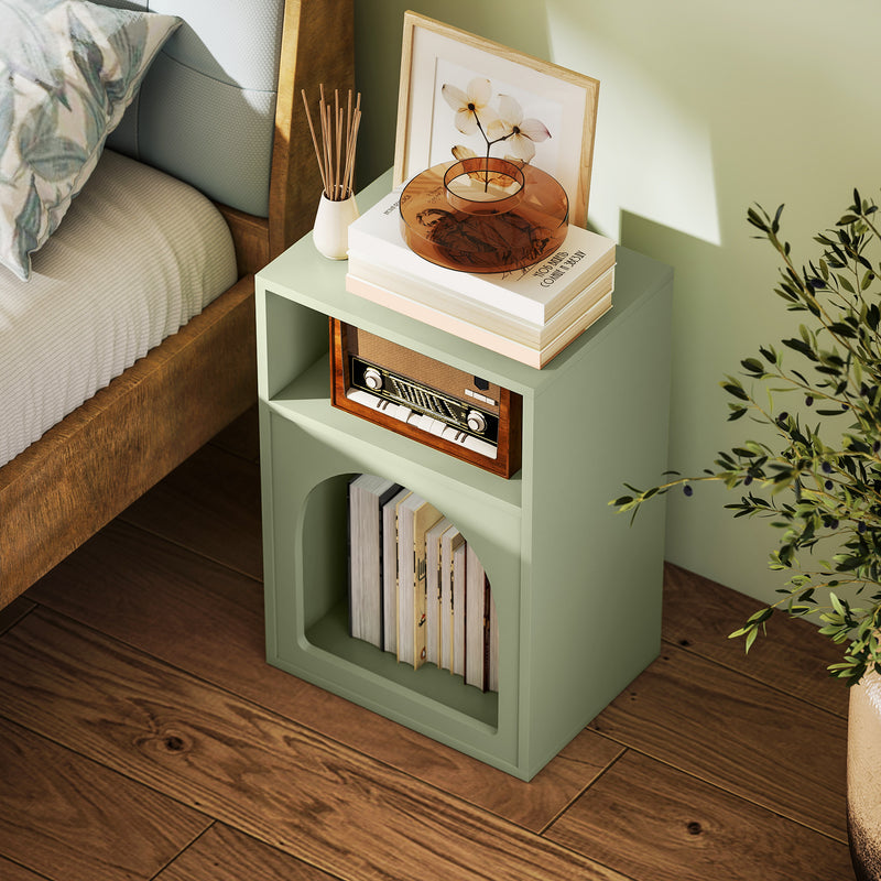 Bedside Table with 2 Open Shelves for Bedroom Storage and Display, Light Green