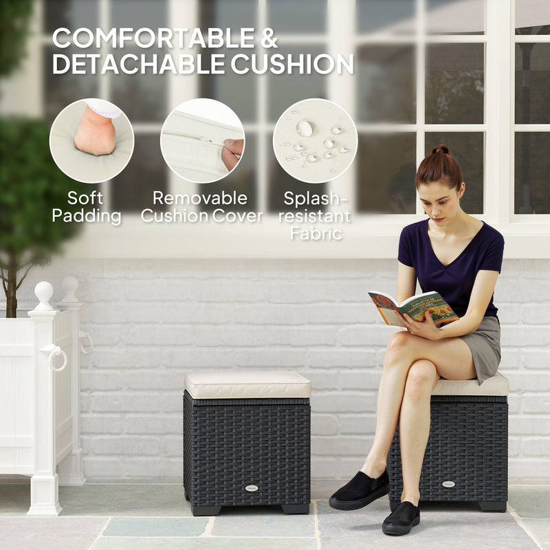 Set of 2 Rattan Storage Ottomans with Cushions for Garden Balcony and Poolside in Cream by Outsunny