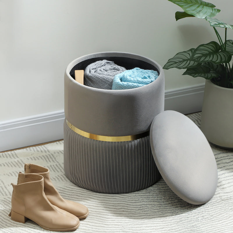 Velvet Feel Storage Ottoman With Hidden Compartment Ideal For Living Room, Light Grey