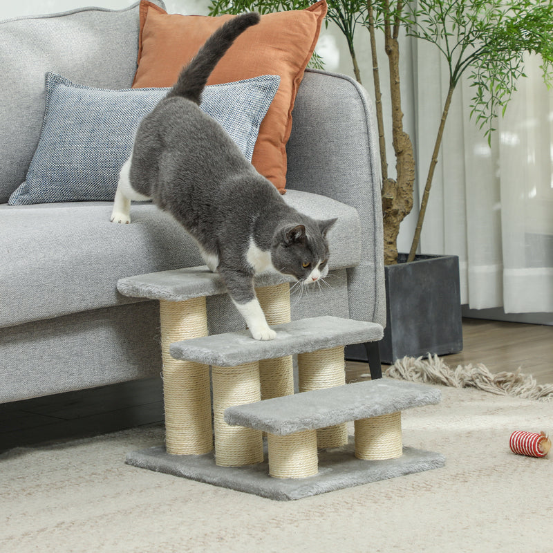 Grey 3 Step Pet Stairs for Cats and Dogs Soft Ladder with Non Slip Surface by PawHut