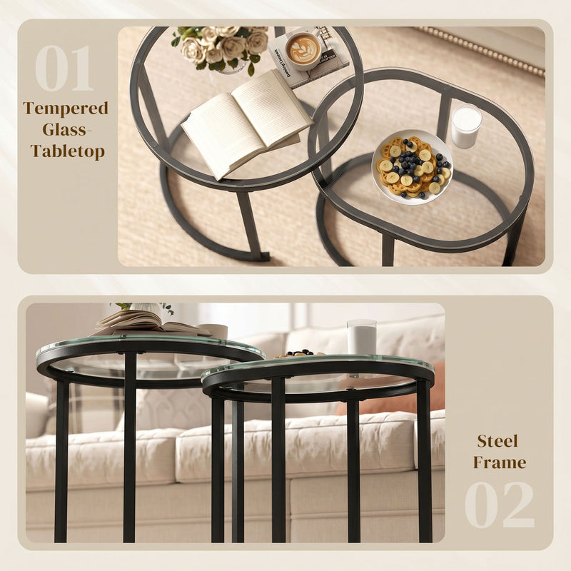 Set of 2 Glass Top Coffee Tables for Extra Living Room Surface Space Black and Clear
