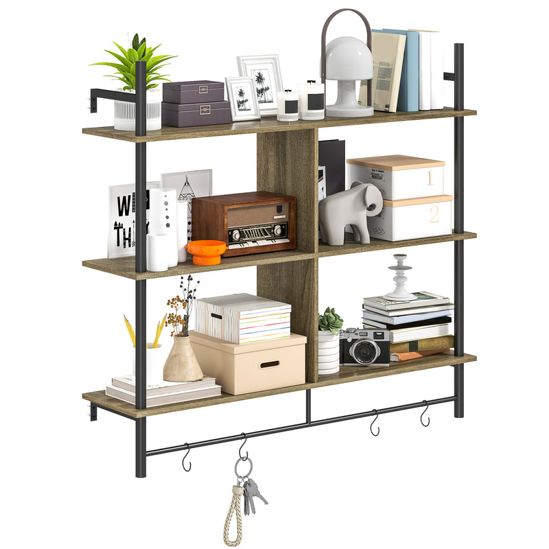 Grey Wood Effect Three Tier Floating Wall Shelf for Storage and Display by HOMCOM