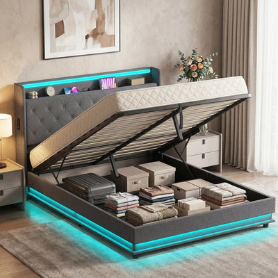 King Size Ottoman Storage Bed Frame with USB Charging and LED Lighting Dark Grey AOSOM