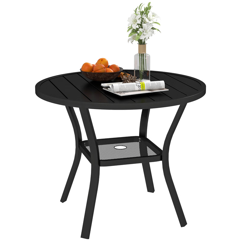 90 cm Round Steel Garden Dining Table with Parasol Hole and Shelf Black by Outsunny