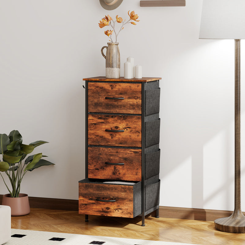 Chest of Four Fabric Storage Drawers with Wood Effect Top for Bedroom or Hallway, Rustic Brown