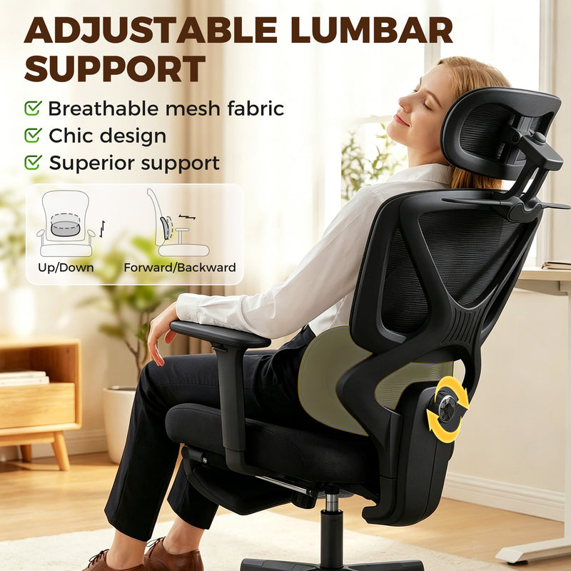 Ergonomic Office Chair with Adjustable Support and Reclining Leg Rest for Home Working Black