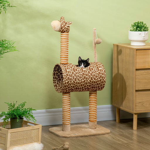 Giraffe Cat Tree with Scratching Posts Tunnel and Hanging Toy for Indoor Play Beige