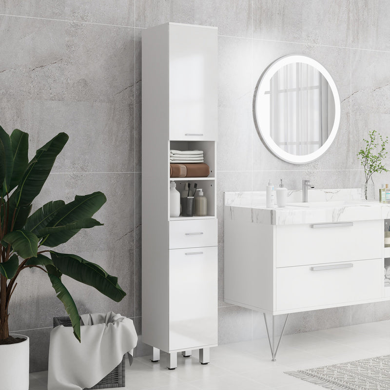 Tall Slim Bathroom Storage Cabinet With Adjustable Shelves And Drawer, High Gloss White