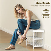 Two Shelf Bamboo Shoe Storage Bench With Seat Ideal For Hallway Or Entryway White AOSOM