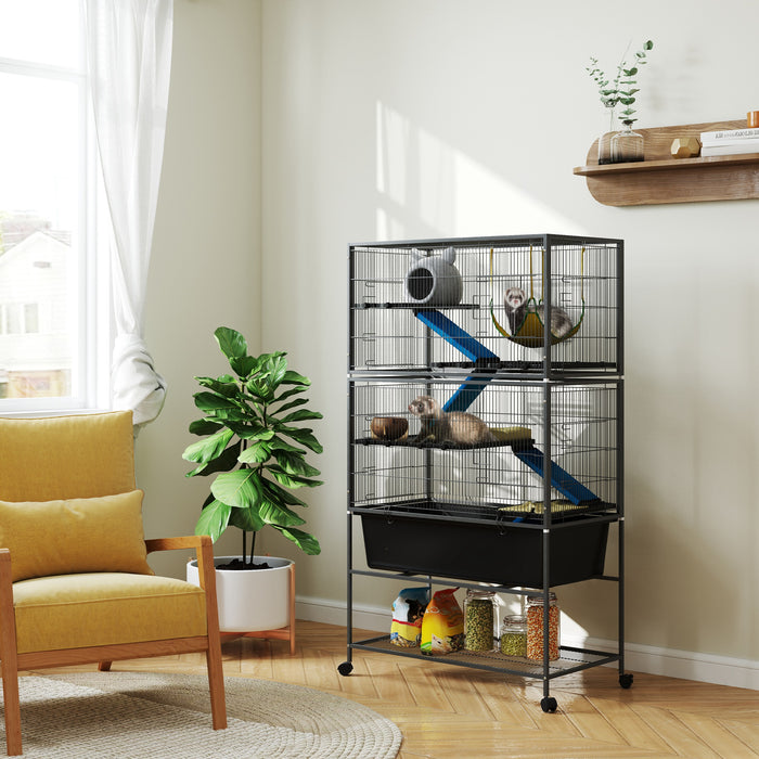 5 Level Rolling Small Animal Cage with Non Slip Ramps and Deep Tray Dark Grey by PawHut