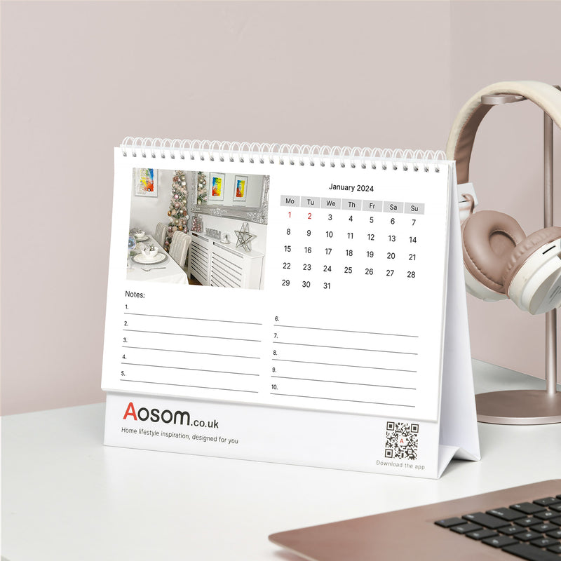 Personalised 2024 Desk Calendar With Custom Photos Ideal For Office Or Home Use, White AOSOM